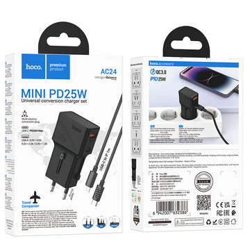 Adaptor Priza + Cablu Lightning Hoco AC24, 1m, PD25W, 1xUSB-C, 1xUSB, MultiSockets - Negru