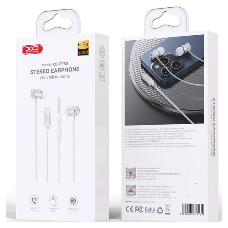 XO (EP80) - Casti cu Fir, In Ear, USB-C, 1.2m cablu, Digital, White