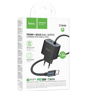 Incarcator Retea + Cablu USB-C Hoco C164A, 30W, 1xUSB-C, QC 3.0 - Negru
