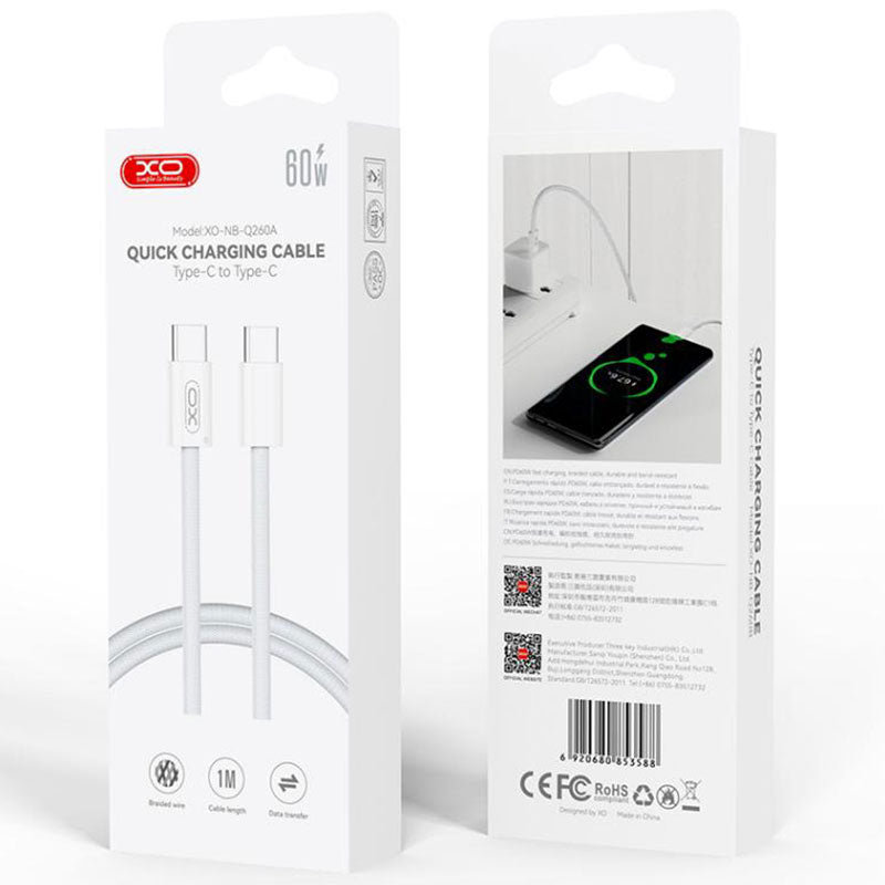 XO (NB-Q260A) - Cablu Date si Incarcare, USB-C, PD60W, QC3.0, Braided, 1m, White