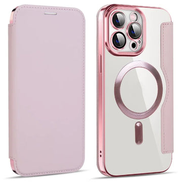 Husa MagFlip pentru iPhone 15 Pro, Magnet, RFID Protect, Piele, Chrome Edge - Roz