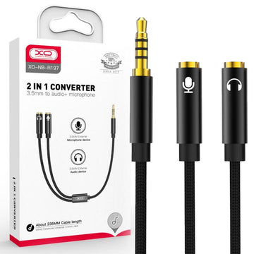 Cablu XO NB-R197, Audio Y Splitter, Jack 3.5mm M, la 2x Jack 3.5mm F, 24cm - Negru