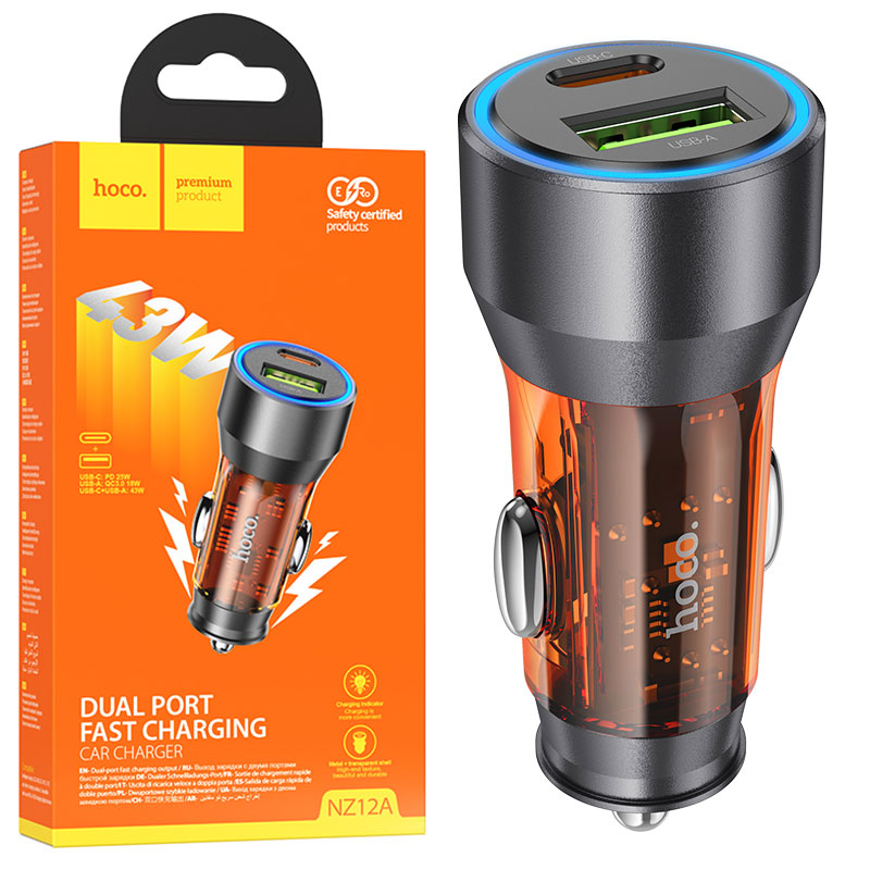 Hoco (NZ12A) - Incarcator Auto, 25W, 1xUSB-C, 1xUSB-A, PD, QC 3.0, Clear, Orange