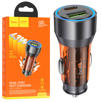 Incarcator Auto Hoco NZ12A, 25W, 1xUSB-C, 1xUSB-A, PD, QC 3.0, Clear - Portocaliu