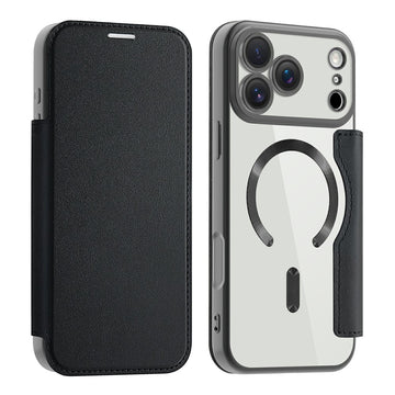 Husa MagFlip pentru iPhone 17 Pro Max, Magnet, RFID Protect, Piele, Chrome Edge - Negru