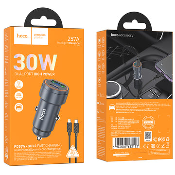 Incarcator Hoco Z57A Auto + Cablu Lightning, 30W - Gri