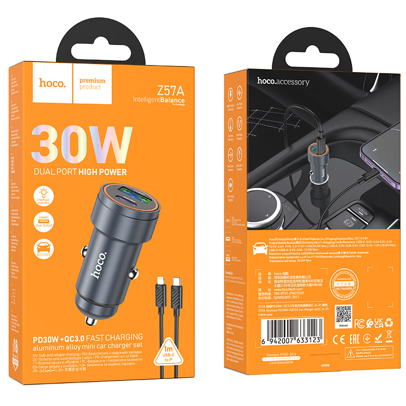 Hoco (Z57A) - Incarcator Auto + Cablu Lightning, 1m, PD30W, 1xUSB-C, 1xUSB-A, Grey