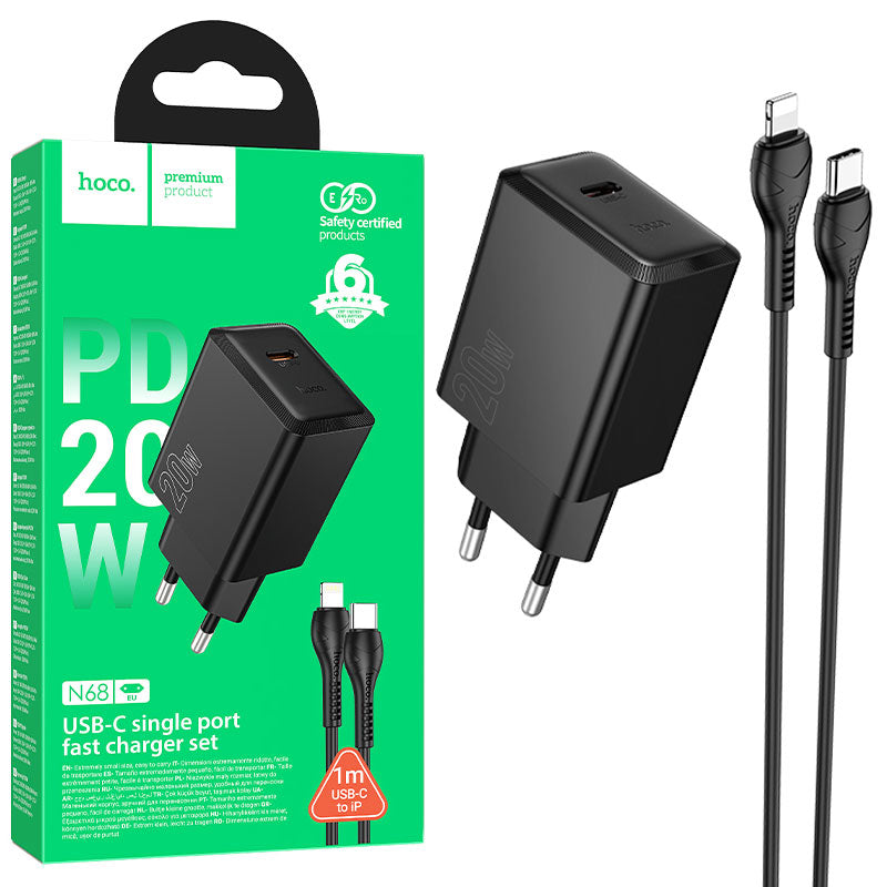 Hoco (N68) - Incarcator Retea, PD20W, USB-C + Cablu Lightning, 1m, Fast Charging, Black