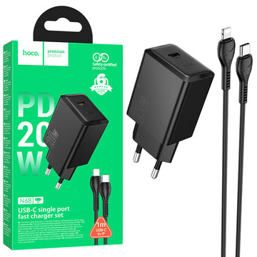 Incarcator Retea Hoco N68, PD20W, USB-C + Cablu Lightning, 1m, Fast Charging - Negru
