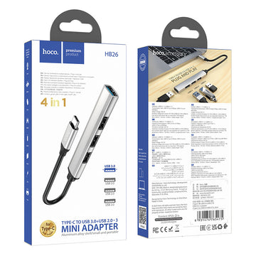Adaptor OTG Transfer Hoco HB26, USB-C la USB-A 3.0, 3 X USB-A 2.0 - Argintiu