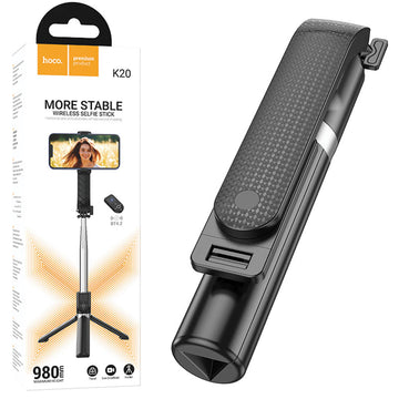 Suport Stand Hoco K20, tip Selfie, 2 in 1, Mini Telescopic, Inox, cu Telecomanda BT - Negru