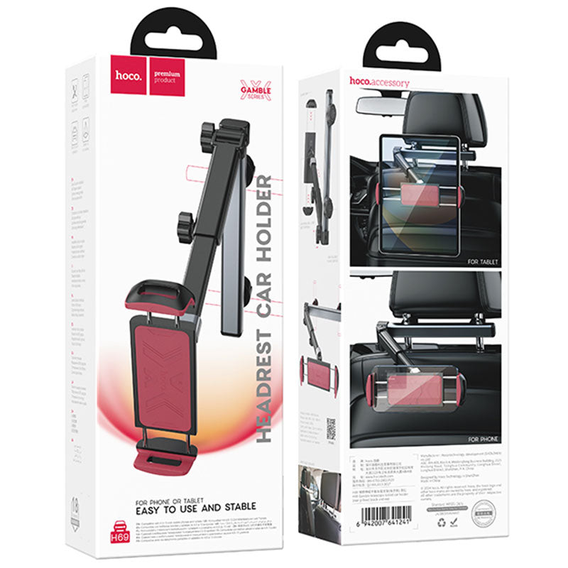 Suport Auto Tabletă Hoco H69 cu Montaj Tetieră - Negru/Roșu