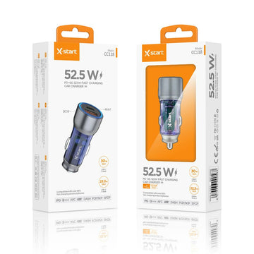 Incarcator Auto X-Start CC118, 52.5W, 1xUSB-C, 1xUSB-A, QC 3.0, Metall - Transparent