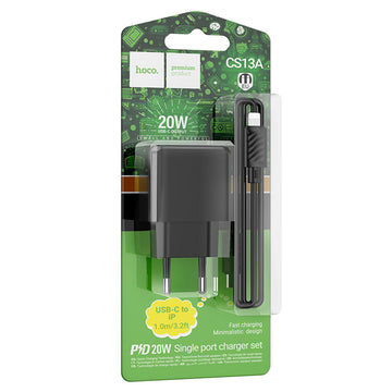 Incarcator Retea + Cablu Lightning Hoco CS13A, 20W, 1xUSB-C, PD - Negru