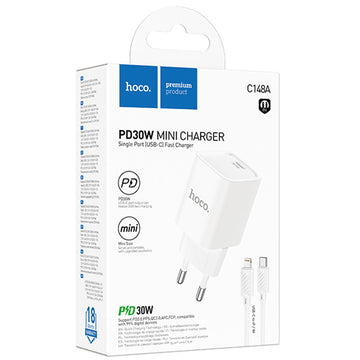 Incarcator Retea + Cablu Lightning Hoco C148A, 1m, PD30W, 1xUSB-C, FastCharge - Alb