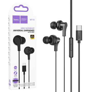 Casti cu Fir Hoco M114, In Ear, USB-C, 1.2m, Mic & Volume Key - Negru