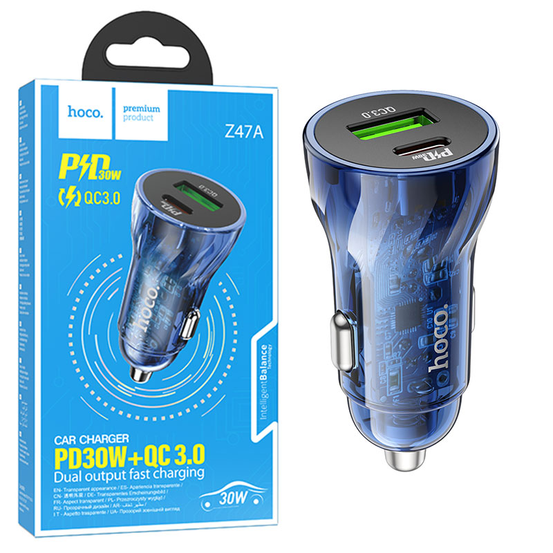Hoco (Z47A) - Incarcator Auto, 30W, 1xUSB-C, 1xUSB-A, PD, QC 3.0, Blue