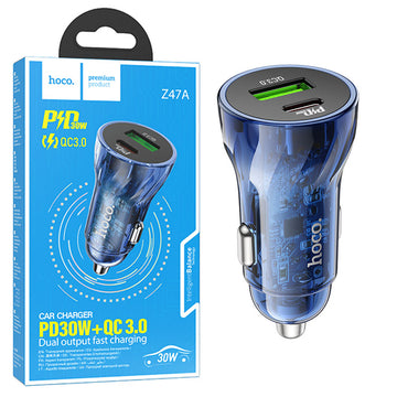 Incarcator Auto Hoco Z47A, 30W, 1xUSB-C, 1xUSB-A, PD, QC 3.0 - Albastru