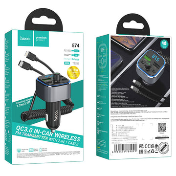 Modulator FM Hoco E74, 18W, 2xUSB-A, QC 3.0, + Cablu Extensibil 2in1 - Argintiu