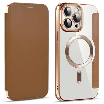 Husa MagFlip pentru iPhone 15 Pro Max, Magnet, RFID Protect, Piele, Chrome Edge - Auriu