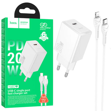 Incarcator Retea Hoco N68, PD20W, USB-C + Cablu Lightning, 1m, Fast Charging - Alb