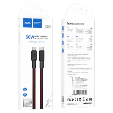 Cablu Date si Incarcare Hoco X69, USB-C, PD60W, QC3.0, Flat, Braided, 1m - Negru / Rosu