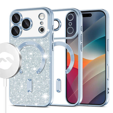 Husa MagSparks pentru iPhone 17 Pro Max, Glitter, Dual Layer, Lens Cover - Albastru deschis