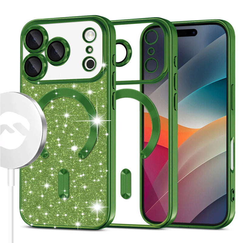 Husa MagSparks - iPhone 17 Pro, Glitter, Dual Layer, Lens Cover, Deep Green