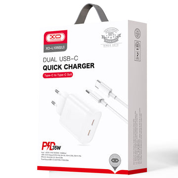 Incarcator Retea + Cablu USB-C XO L105, 35W, 2xUSB-C, PD - Alb