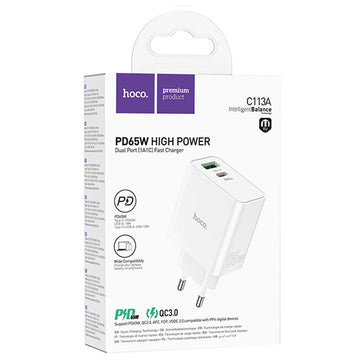 Incarcator Retea Hoco C113A, 65W, 1xUSB-C, 1xUSB-A, PD, QC 3.0 - Alb