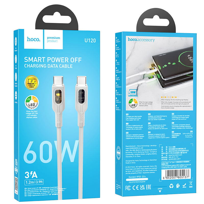 Hoco (U120) - Cablu Date si Incarcare, USB-C, PD60W, QC3.0, 3A, LED Power, 1.2m, Grey