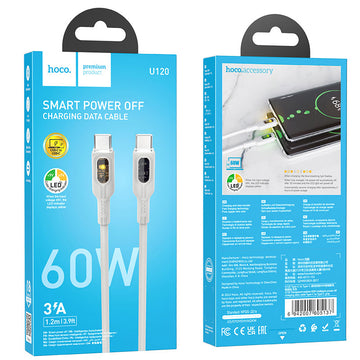 Cablu Date si Incarcare Hoco U120, USB-C, PD60W, QC3.0, 3A, LED Power, 1.2m - Gri