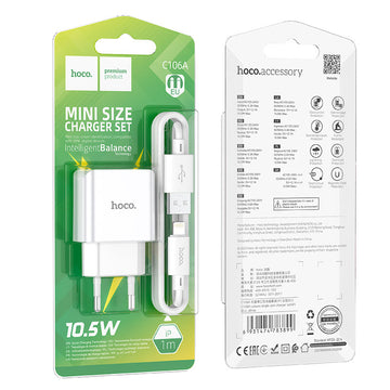 Incarcator Retea + Cablu Lightning Hoco C106A, 10.5W, 2.1A, 1xUSB-A, QC 3.0 - Alb