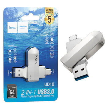 Stick Hoco UD10, Memory Stick, 64GB, Dual USB-C + USB-A 3.0, High Speed, Flash Drive - Argintiu