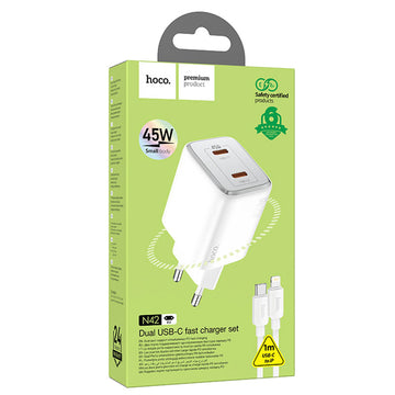 Incarcator Retea + Cablu Lightning Hoco N42, 45W, 2xUSB-A - Alb