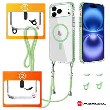 Husa MagFrame pentru iPhone 15 Pro Max, AntiDrop 2in1, Snur Detasabil - Transparent / Green Frame