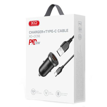 Incarcator Auto + Cablu USB-C XO CC56, 30W, 1xUSB-C, 1xUSB-A, PD, QC 3.0, Compact - Negru