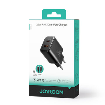 Incarcator Retea + Cablu Lightning Joyroom JR-TCF05, 20W, 1xUSB-C, 1xUSB-A, PD, QC 3.0 - Negru