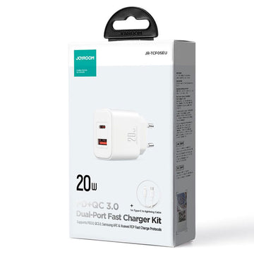 Incarcator Retea + Cablu Lightning Joyroom JR-TCF05, 20W, 1xUSB-C, 1xUSB-A, PD, QC 3.0 - Alb