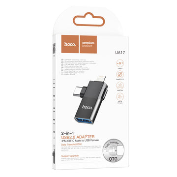 Adaptor OTG Transfer/Incarcare Hoco UA17, USB-A la Lightning / USB-C, 2 in 1 - Negru