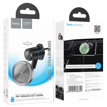 Suport Auto cu Incarcare Wireless Hoco HW6, Ventilatie, Cablu USB-C, 1m - Negru / Gri