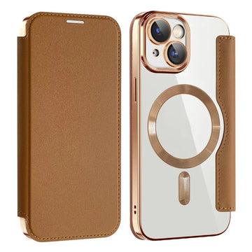Husa MagFlip pentru iPhone 15, Magnet, RFID Protect, Piele, Chrome Edge - Auriu