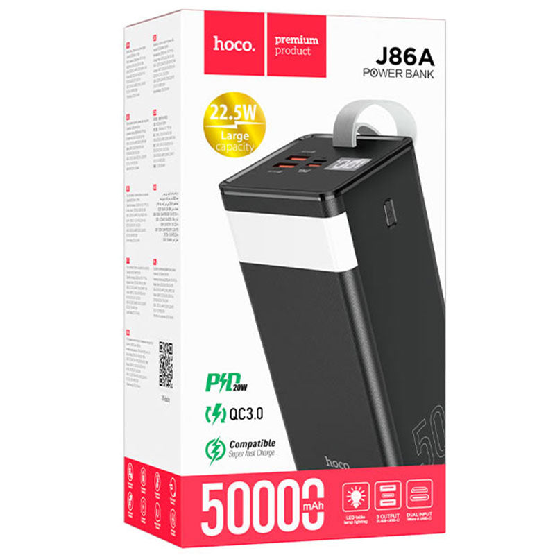 Hoco (J86A) - Baterie Externa, 1xUSB-C PD, 2xUSB-A QC 3.0, lampa LED, 50000 MAh, Black