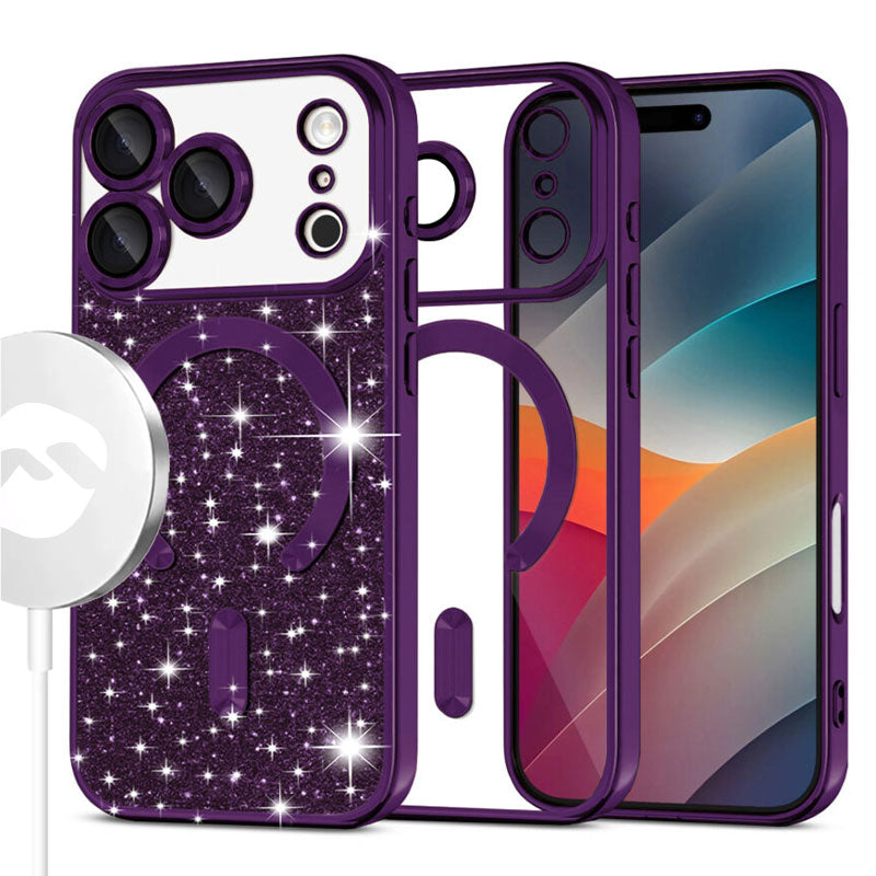 Husa MagSparks - iPhone 17 Pro, Glitter, Dual Layer, Lens Cover, Deep Purple