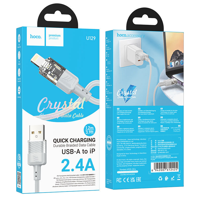 Cablu Date si Incarcare Hoco U129, USB-A la Lightning, 18W, 2.4A, Crystal, 1.2m - Gri