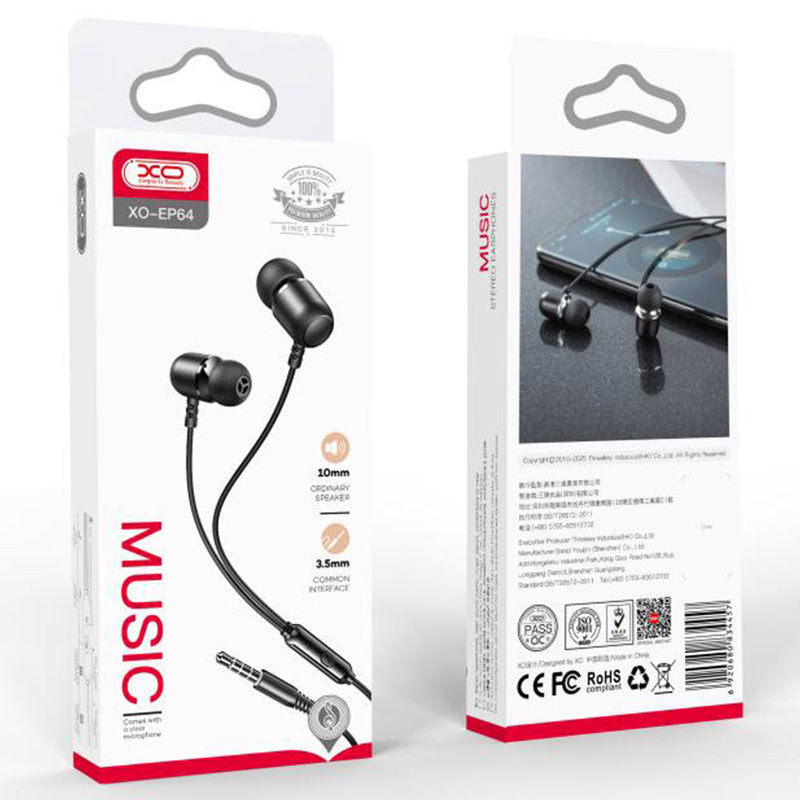 XO (EP64) - Casti cu Fir, In Ear, 3.5mm, 1.2m, Mic & Volume Key, HiFi, Black