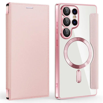 Husa MagFlip pentru Samsung S25 Ultra, Magnet, RFID Protect, Piele, Chrome Edge - Roz