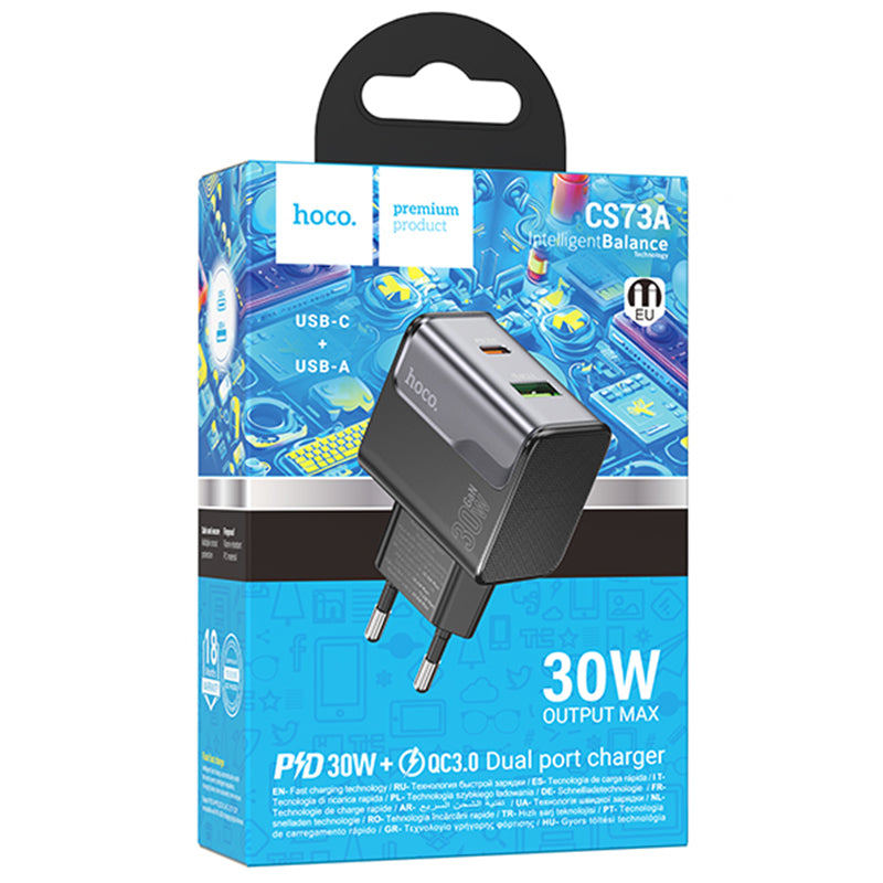 Incarcator Retea Hoco CS73A, PD30W+QC3.0 1xUSB-C, 1xUSB, FastCharge - Negru