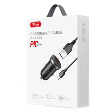 Incarcator Auto + Cablu Lightning XO CC56, 30W, 1xUSB-C, 1xUSB-A, PD, QC 3.0, Compact - Negru