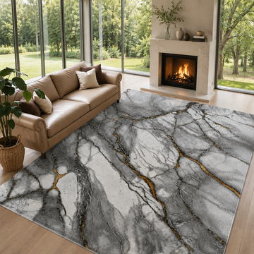 Covor Lirofe Imperial Carrara Alb Auriu - Efect Marmura Italiana Modern - Living, Sufragerie, Dormitor, Bucatarie, Hol - Fir Scurt 12 mm, Usor de Curatat
